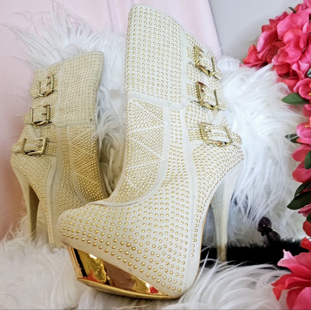 Exquisite Golden Studded Platform Mid-Calf Boots, Leather and Suede, S 7…